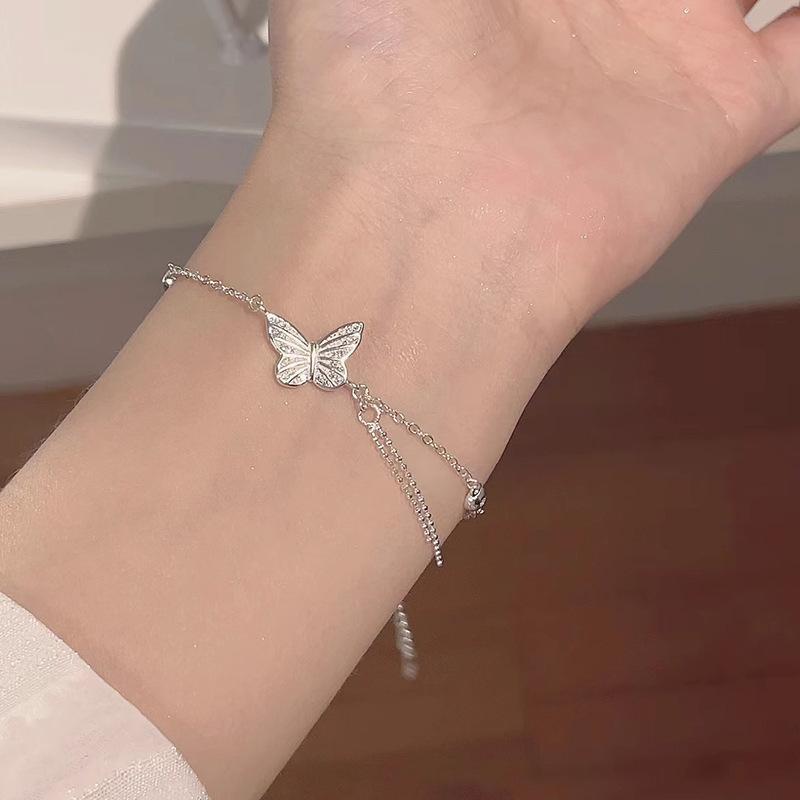 Pure Silver S925 Silver Round Bead Chain Bracelet, Super Fairy Pastoral Style, Sweet Temperament, Zircon Inlaid Butterfly Tassel Bracelet for Women