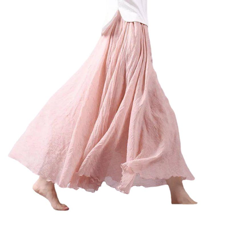 Double Layer Cotton and Linen Skirt with Big Swing Solid Color