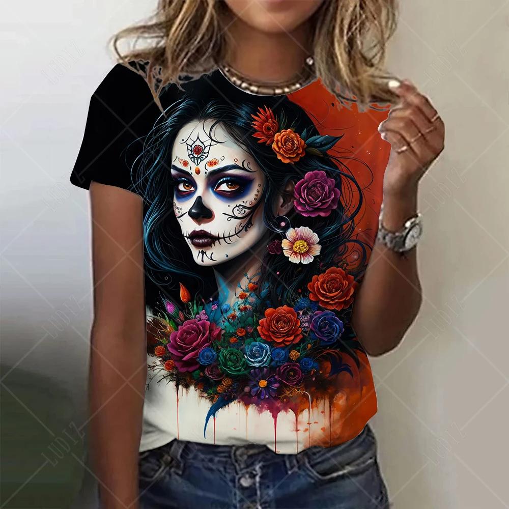 Women's T-shirt for Girls Summer Short Sleeve Casual Horror Undead Skull Pattern T-shirts