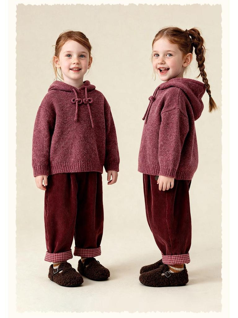 Зимний однотонный худи для девочек 2025 года - Вязаный кардиган из смесовой хлопково-шерстяной пряжи