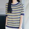 Navava Women Cool Daily STriped Round Neck ShorT Sleeve KniT T shirT Nk3674