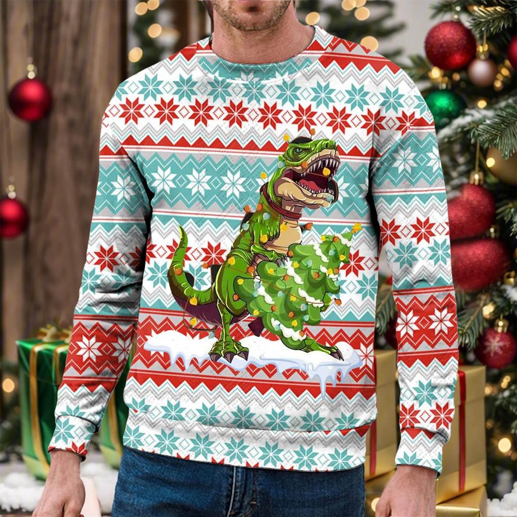 Мужской рождественский свитшот, пуловер с круглым вырезом, осенне-зимняя рубашка с длинным рукавом, современный свитер с принтом динозавра, мужская вечеринка