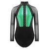 Girls Shiny Rhinestones Leotard Color Block Patchwork Keyhole Back Sheer Mesh Long Sleeve Bodysuit