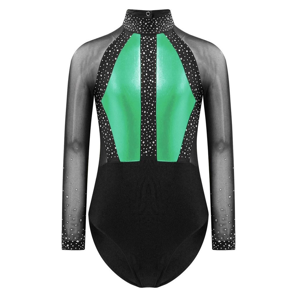 Girls Shiny Rhinestones Leotard Color Block Patchwork Keyhole Back Sheer Mesh Long Sleeve Bodysuit