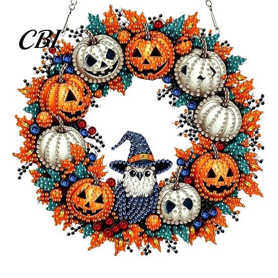 Unique Festive Hanging Decor Fall Pumpkin Sunflower Wreath Decor, Acrylic Hand Painted Holiday Decoration Window Ornament, Thanksgiving Halloween
