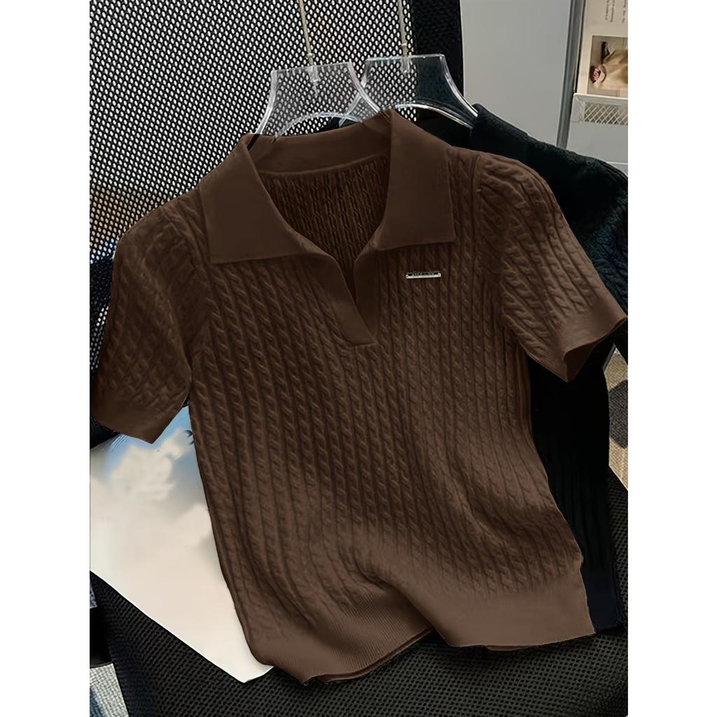 Temperament Lapel Ice Silk Knit Top Летняя свободная тонкая футболка с короткими рукавами