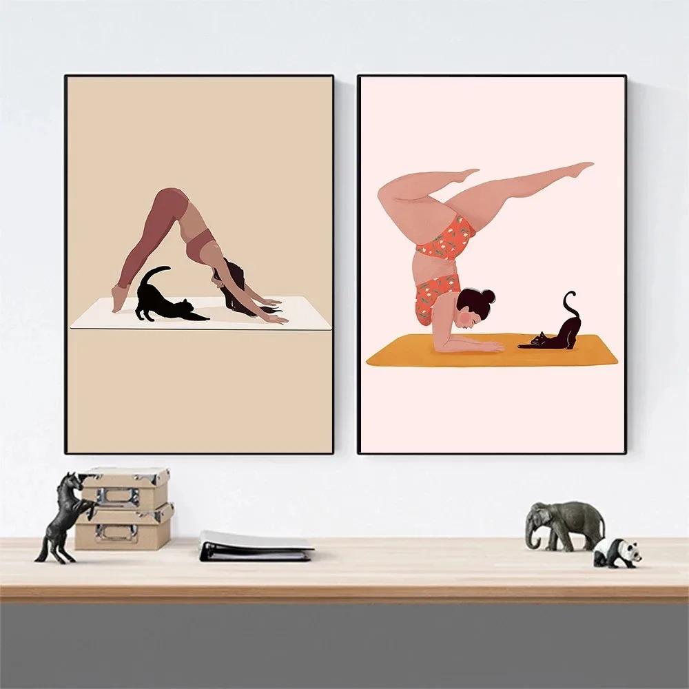 Позы любителя йоги Различные профессиональные движения Кофе Кот Постер Принт Настенное искусство Картины Холст Живопись Комната Домашний декор