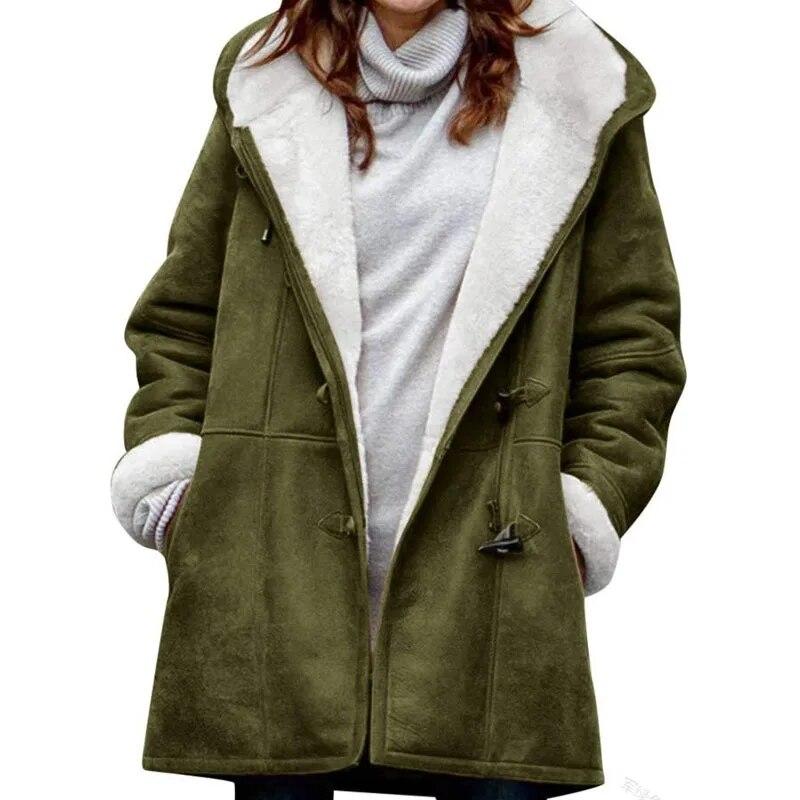 Winter Fashion Warm Thickened Long Sleeved Cowhide Button Womens Coat With Hat Casual Velvet Solid Ladies Outwears 30431