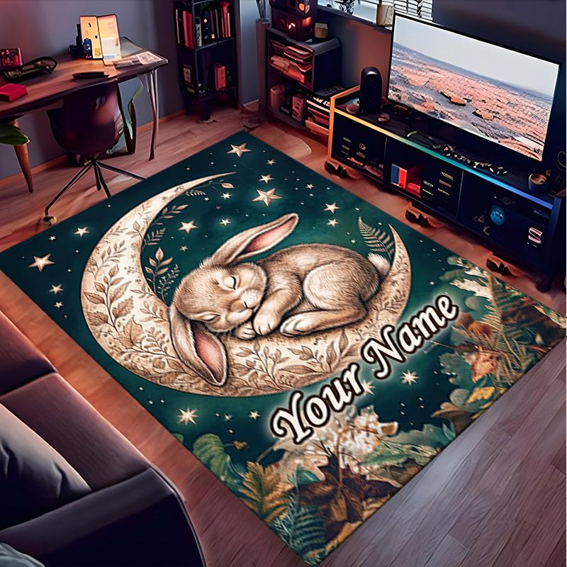 1PC Custom Name Moonlit Dreams Bunny Theme Floor Mat Ideal for Living Room, Game Rooms, Office, Bedroom,Floor Mat Playful Design