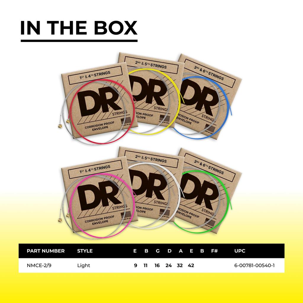 Струны для электрогитары DR Strings NEON, многоцветные, с покрытием, .009-.042, NMCE-2/9