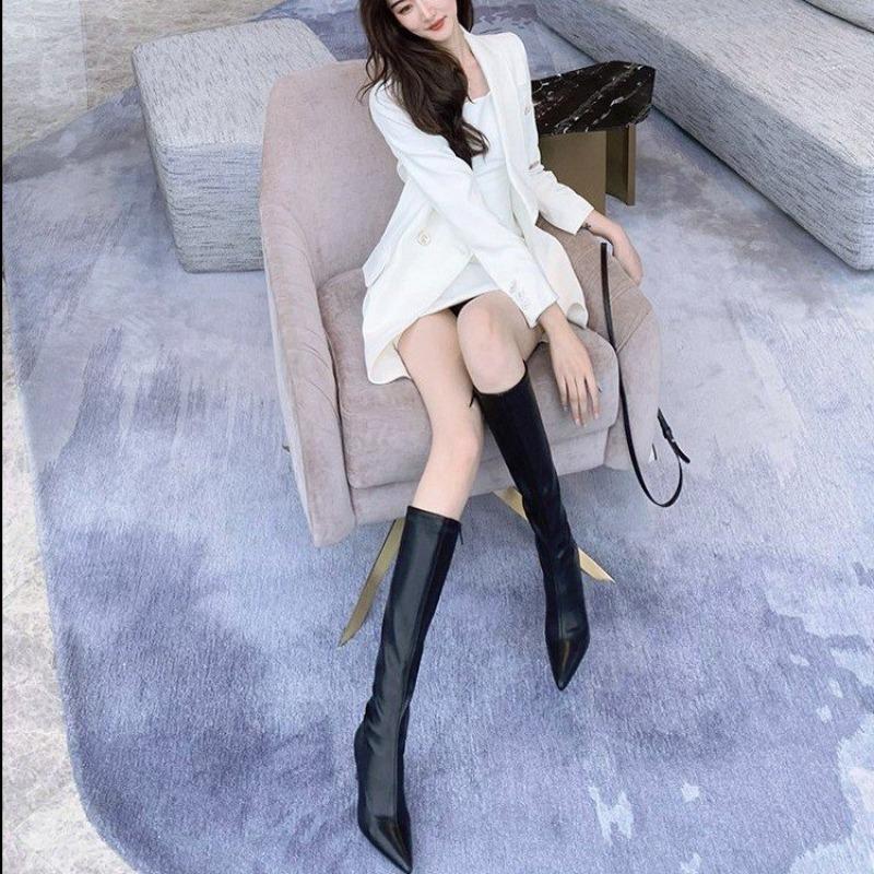 Black Winter Knee High Shaft Heels Pointed Toe Women's Boots Leather Footwear Elegant Heeled Shoes for Woman Long Spring  Pu