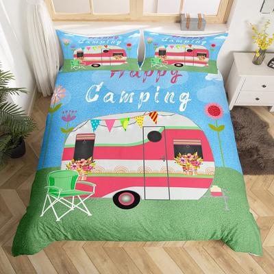 Пододеяльник Happy Camping Camper Комплект постельного белья Plants Outdoor Travel Adventure Одеяло Cover Camper Car Blue Sky Quilt Cover