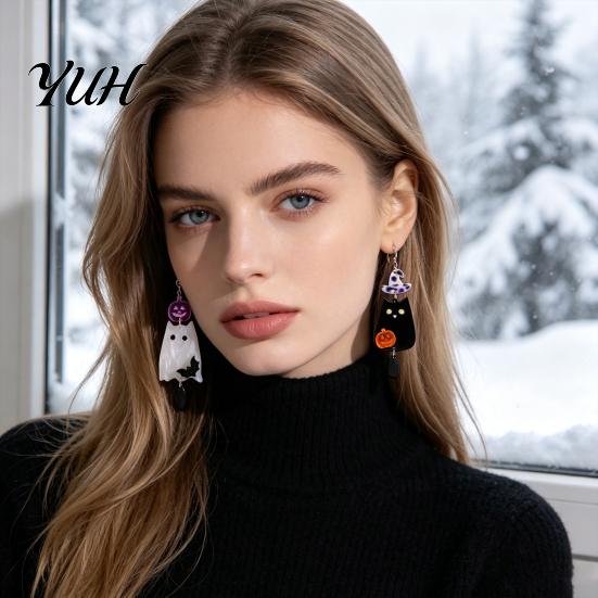 Unique Niche Gifts for Friends 1 Pair Acrylic Halloween Earrings, Black White Ghost Drop Dangle Earrings with Lightweight Daily Wear Ear Hooks
