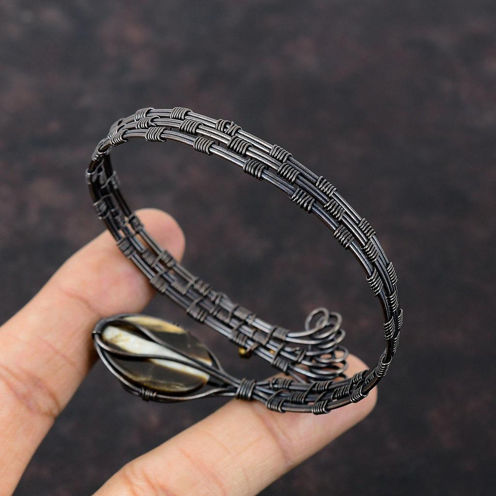 Браслет из арахисового дерева и яшмы, медная проволока, браслет-манжета, регулируемая манжета ручной работы, медная проволока, ювелирные изделия для подарков, ювелирные изделия с драгоценными камнями