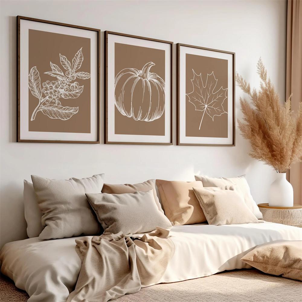 Autumn Printable Art Set of 3, Warm Fall Prints, Autumn Pumpkin Print, Fall Leaves poster, Warm Fall Decor, Warm Tones Wall Art