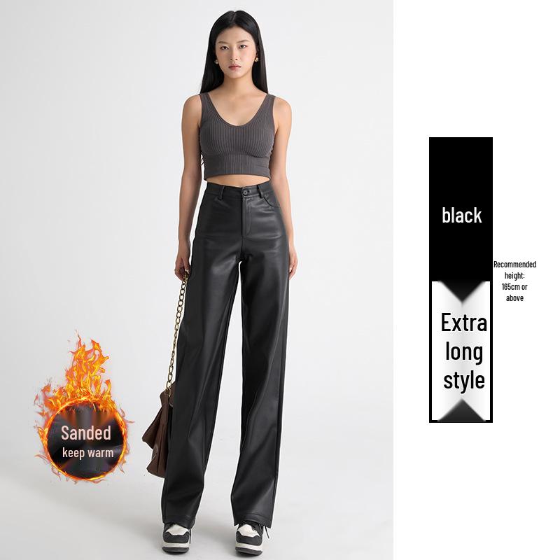 Женские брюки с высокой посадкой из ПУ кожи с широкими штанинами для осени и зимы