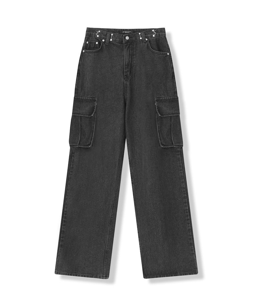 AVANDRESS Buckle Wide Cargo Denim Pants Black