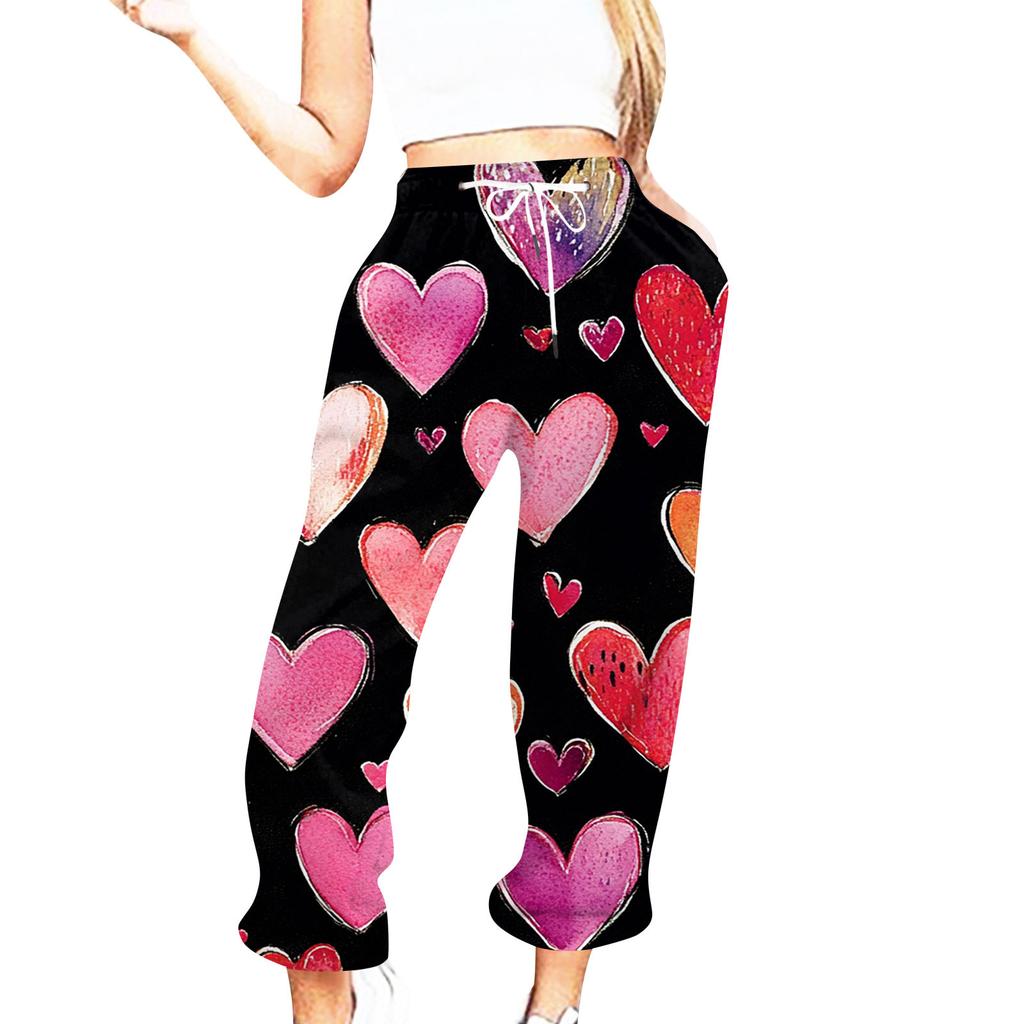 Женская повседневная мода День святого Валентина Повседневные брюки с принтом Спортивные брюки Брюки с эластичной резинкой на талии со шнурком Брюки со шнурком