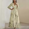 Women S Elegant Printed V Neck Pleated Long Sleeve A Line Dress Summer Slim Fit