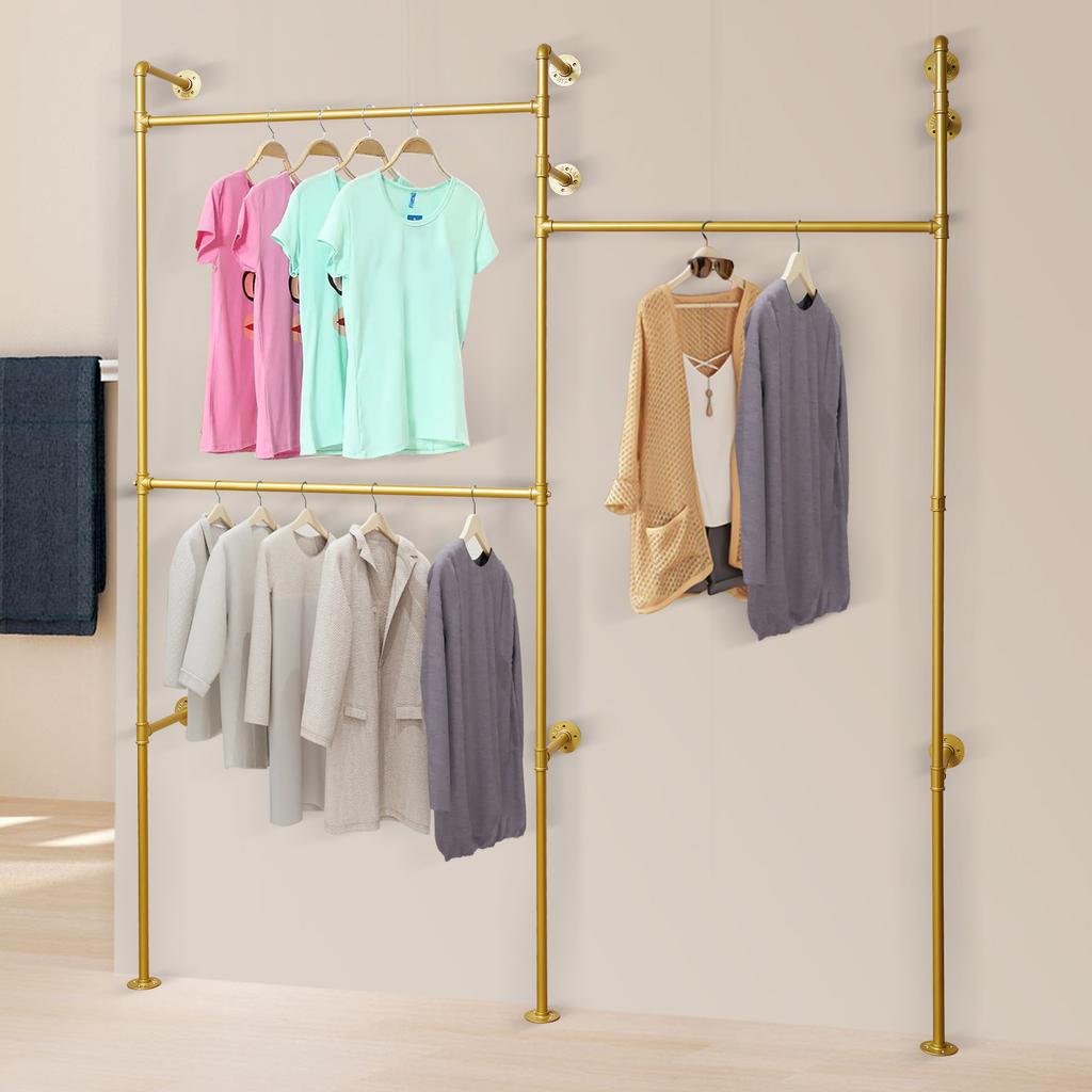 Vintage Industrial Pipe Clothing Rack, Wall Mounted Garment Rack with 3 Shelves, Iron Coat Hanger for Hallway, Rustic Home Decor