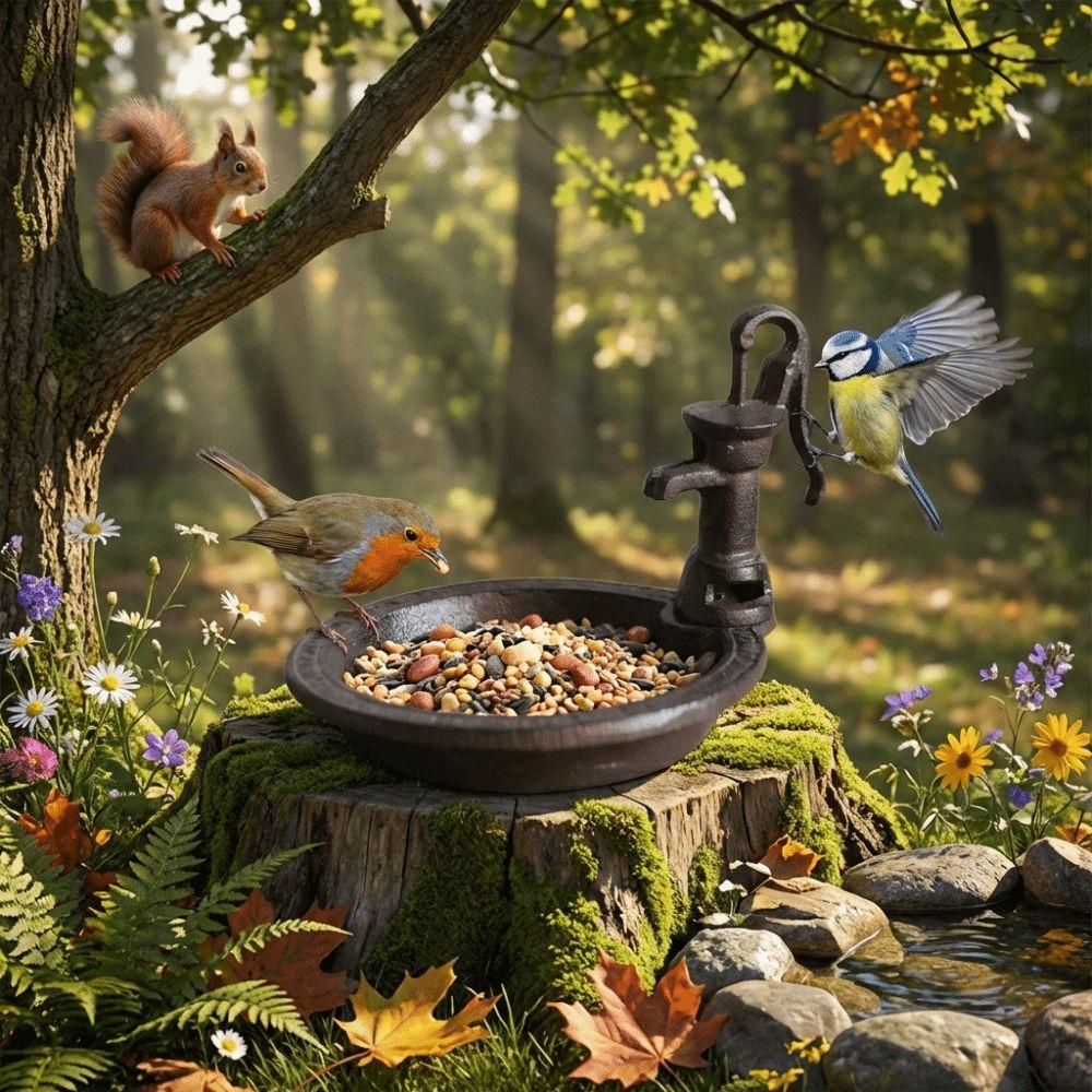 Creative Cast Iron Bird Feeder Weather Resistant Windproof Bird Food Pot Rustic Water Pump Shape Birdbath Home Decoration