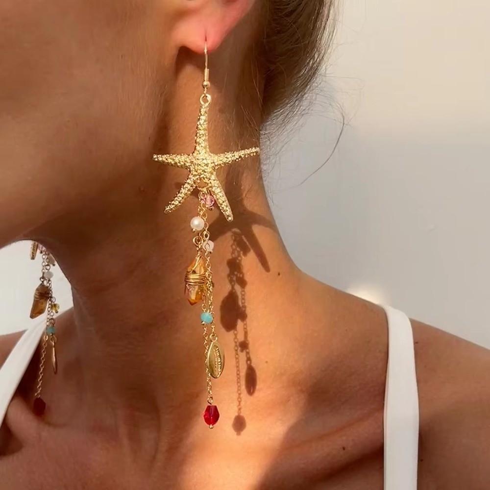 Crystal Pendant Starfish Shell Earrings Long Tassel Sea Series Necklace Resort Wear