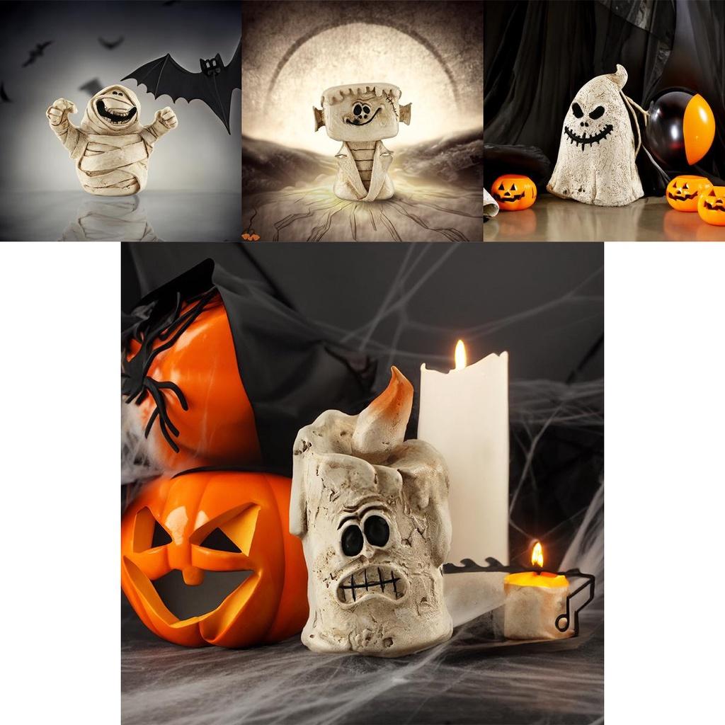 Resin Halloween Scene Decoration With Ghost Mummy Pumpkin Head Wind-up Girl Candle Cross European Style
