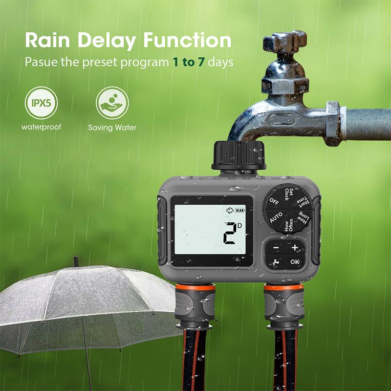 TNCE 1/2 outlet Irrigation Sprinkler Timer IPX5 Rain delay Programmable Water Valve Controller Garden Lawn Yard Drip Soil tester