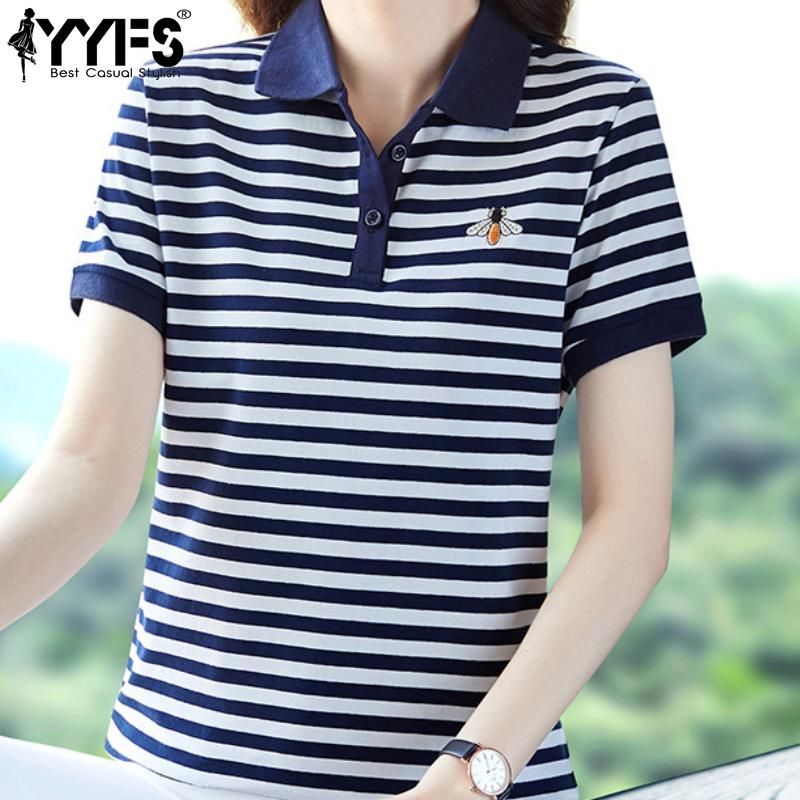 YYFS Женские модные повседневные летние весенние полосатые рубашки с короткими рукавами и воротником-поло с принтом, блузки и рубашки