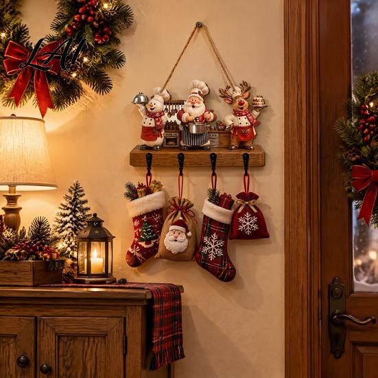 Xmas Hanging Ornament with Storage Wooden Rustic Christmas Stocking Hanger Gingerbread House Decorative Hook Board for Scene Home Wall Decor