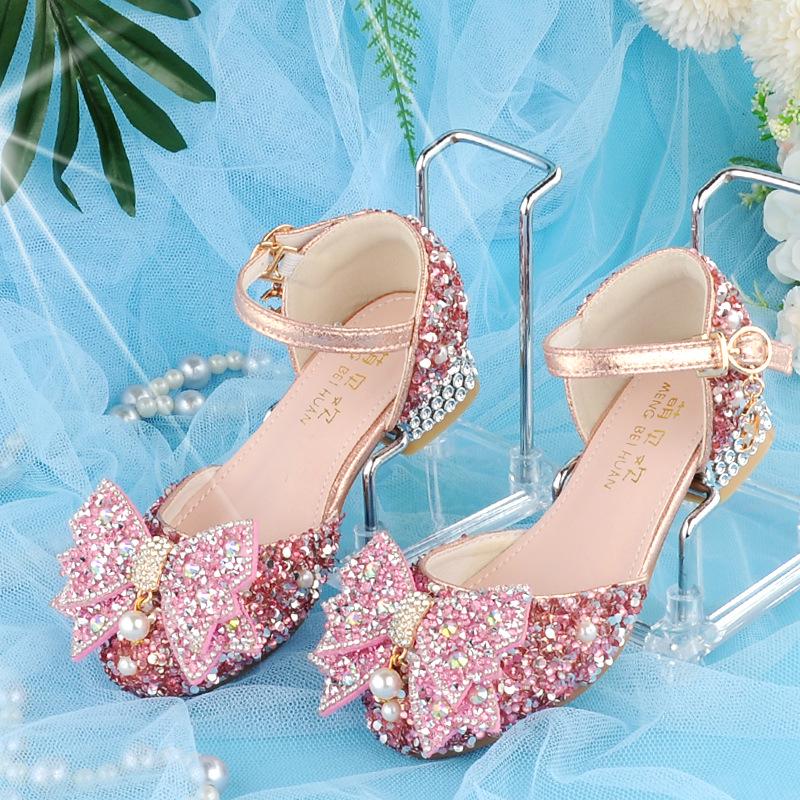 New Arrival: Girls' Crystal Bow High Heels - Shiny Princess Shoes for Piano Performances, Leather Material