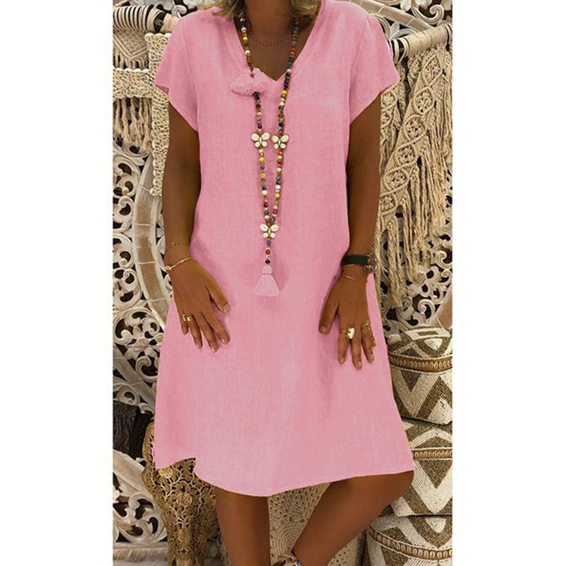 Модное повседневное летнее платье с коротким рукавом и V-образным вырезом, женское элегантное платье А-силуэта больших размеров, базовое однотонное платье для вечеринки, женская свободная женская одежда