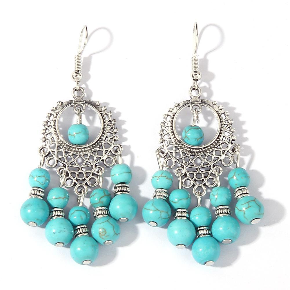 Retro Ethnic Turquoise Tassel Earrings Bohemian Vacation Style Color Blocking Earrings Long Fashionable Earrings