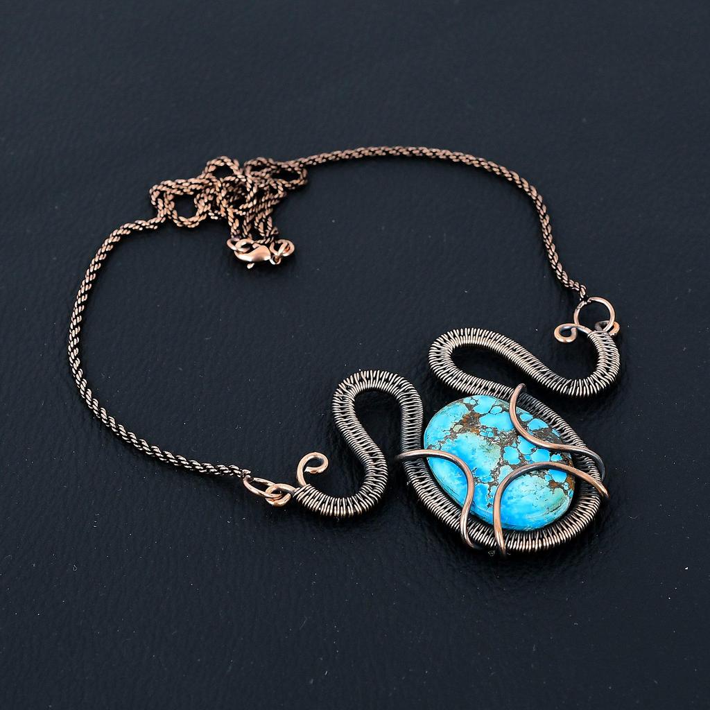 Beautiful Turquoise Gemstone Pure Copper Wire Wrapped Handmade Necklace Jewelry