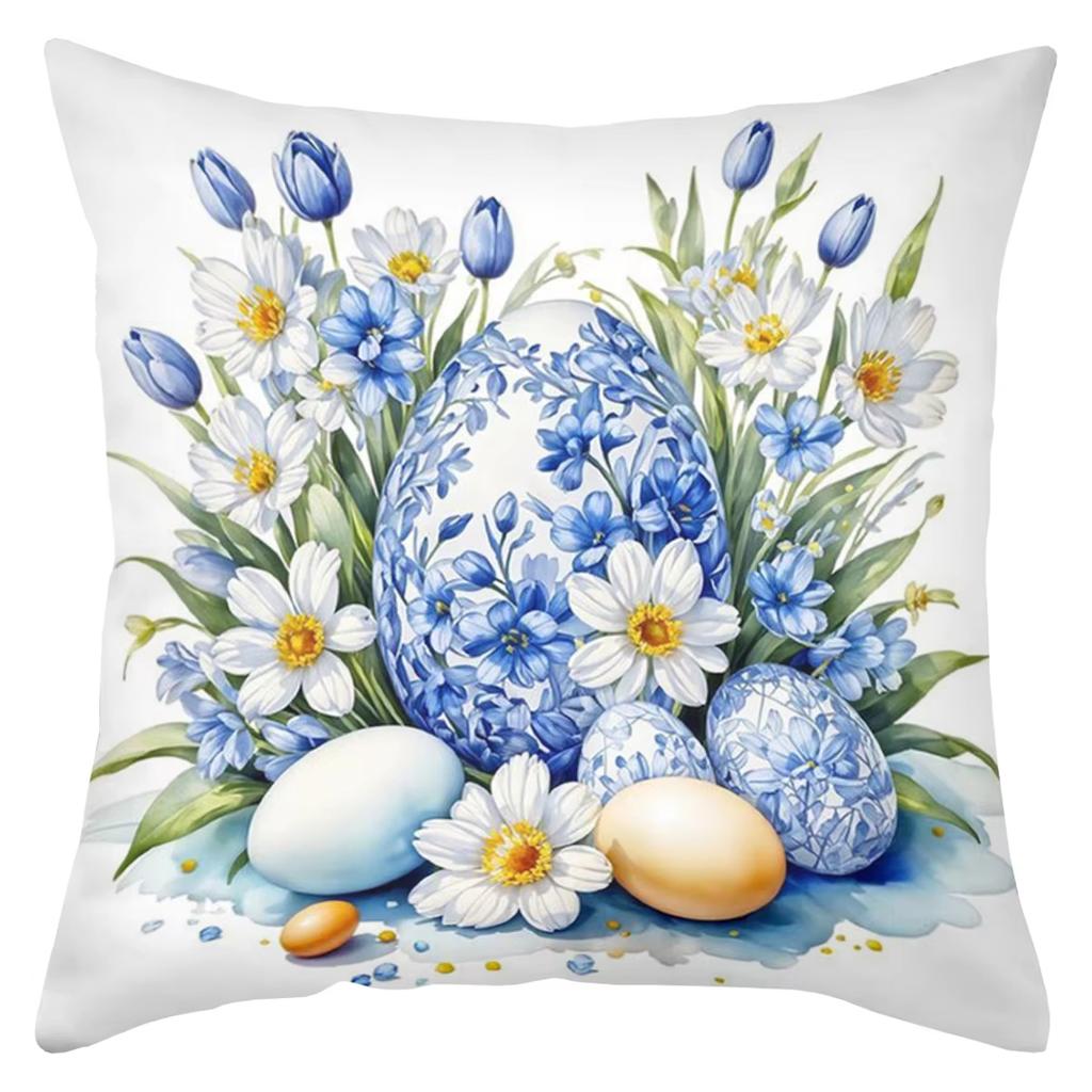 Blue Floral Easter Decorative Cushion Cover Polyester Pillowcase Sofa Headboard Pillow with Bunny And Eggs for Home Decor