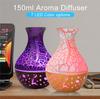 B 150ml USB New Vase Air Humidifier, Hollow Wood Grain Aromatherapy Essential Oil Diffuser, 7-color LED Light