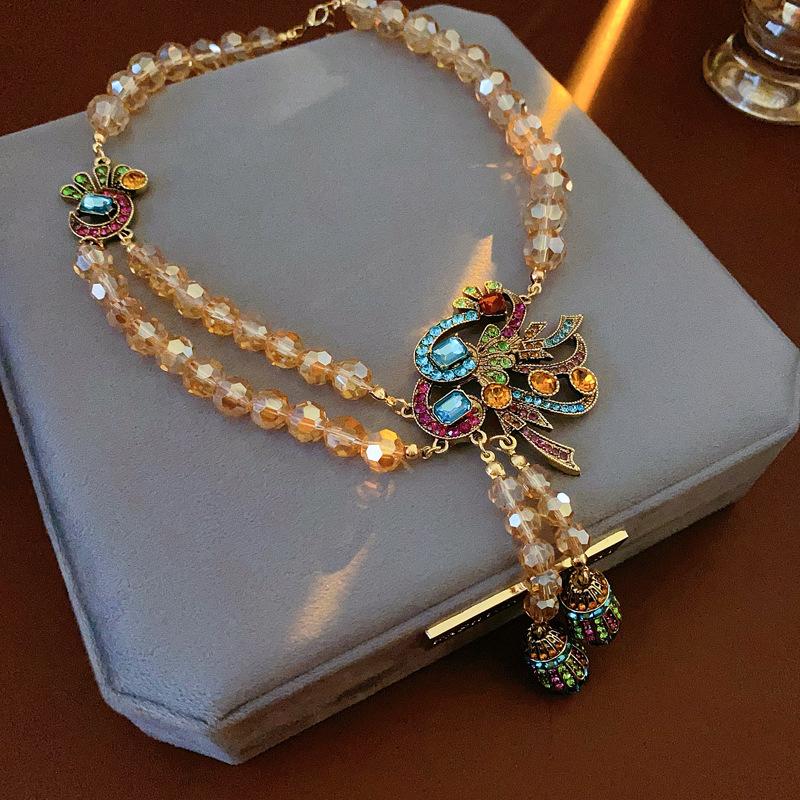 Винтажный набор украшений со стразами 2025 года для женщин, серьги-павлины с цветком на серебряных иглах, винтажное ожерелье в стиле легкой роскоши для свадьбы