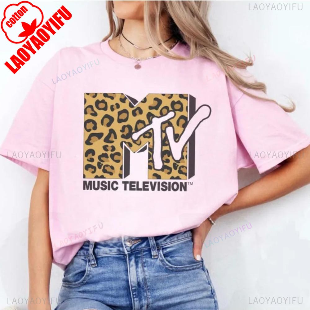 Retro MTV Leopard Tshirt 80s 90s Vintage Music Television Logo Unisex Cotton TopsClassic Band Tee Casual Fashion Graphic T Shirt