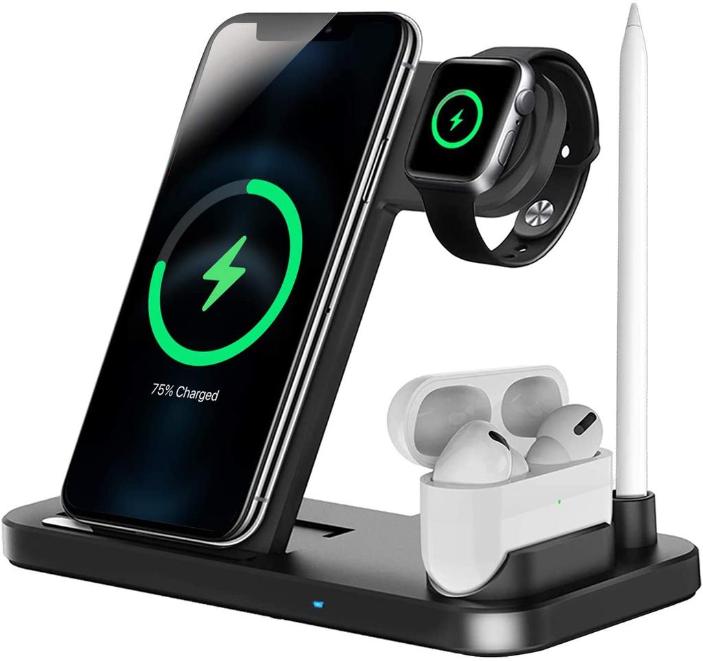 Беспроводная зарядная станция, быстрое зарядное устройство 4 в 1 для Apple Watch 8/7/6/se/5 Airpods 3/2 Pencil для Iphone 14 13 12 Pro 11 Xs Xr X 8