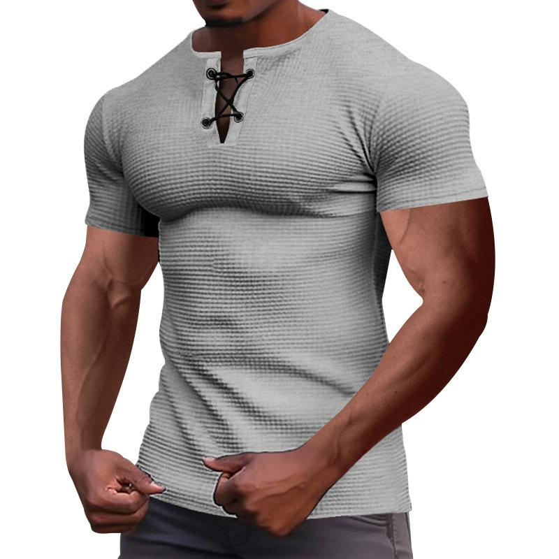 Мужская приталенная футболка-henley с V-образным вырезом и завязками - Короткий рукав, Дышащая ткань для летней моды