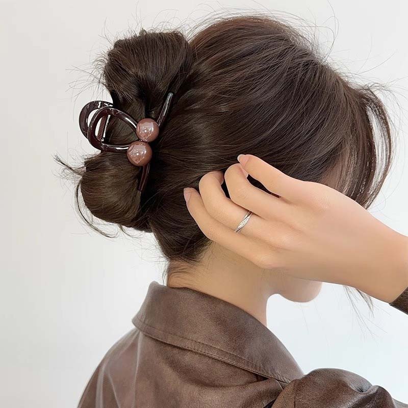 Vintage Coffee Round Bead Hair Claw for Women Girls Exquisite Plastic Shark Clip Big Hair Grab Headwear Jewelry Accessories