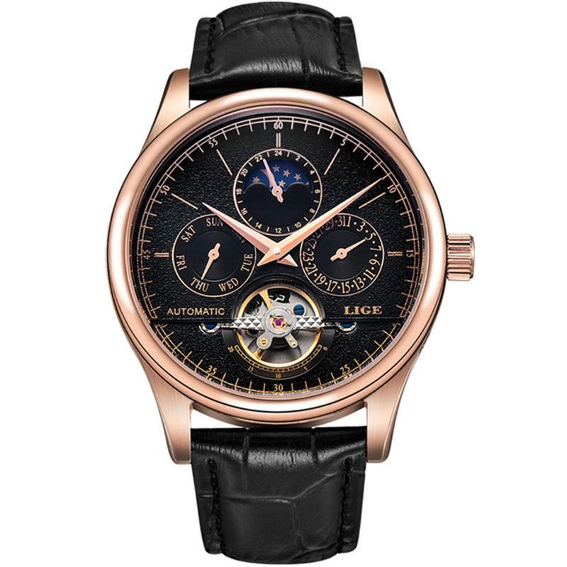 LIGE Men's Automatic Mechanical Watch Leather Waterproof Multi-Function Sports Tourbillon Wristwatch