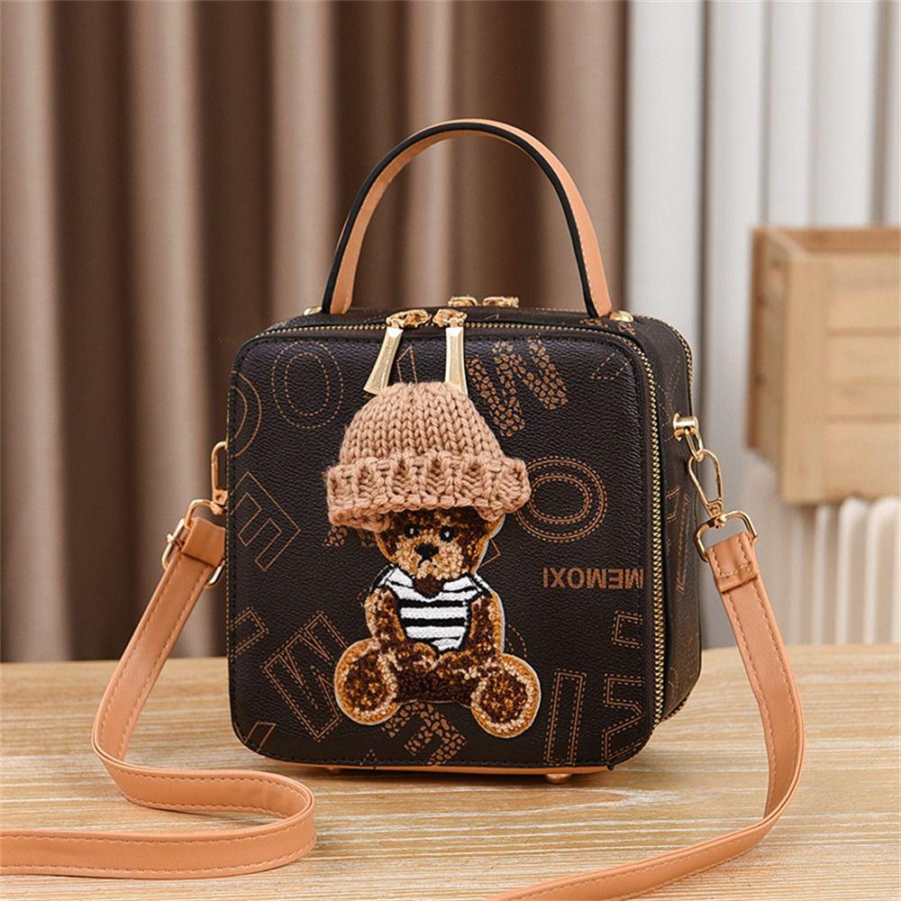PU Leather Shoulder Bags Fashion Simple Cute Cartoon Bear Crossbody Bag Messenger Bag Women Female Small Square Bag Handbags