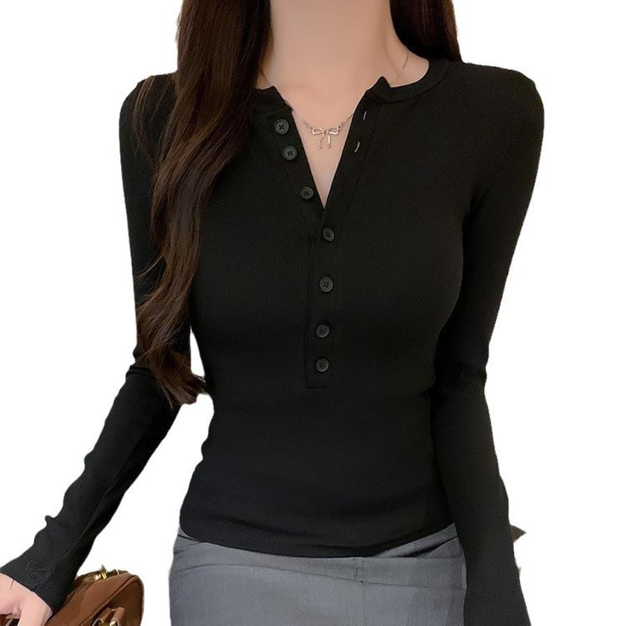 Cute Girl Cropped Long Sleeve T-Shirt Women's New Spring Autumn Tank Top Slim Fit Inner Wear Buttoned Student Top