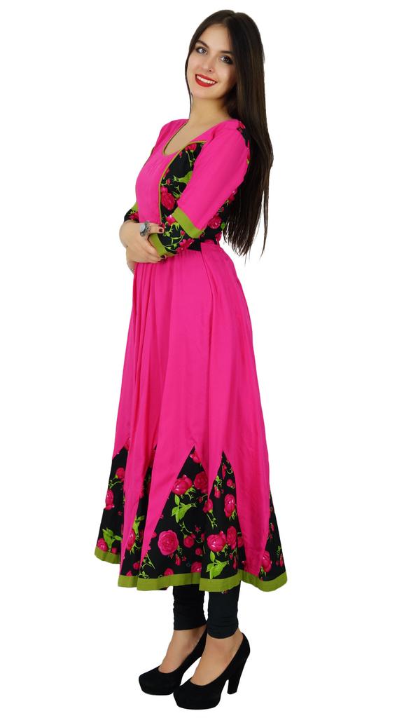 Bimba Women Cotton Dress Long Flaired Kurta 3 4 Sleeve Kurti Indian Chic