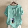 Women's New Fashion Linen Shirt Round Neck Short Sleeve Elephant Printed T-shirt Summer Ladies Casual Plus Size Blouse Tops