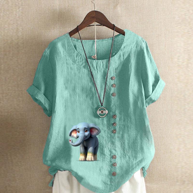 Women's New Fashion Linen Shirt Round Neck Short Sleeve Elephant Printed T-shirt Summer Ladies Casual Plus Size Blouse Tops