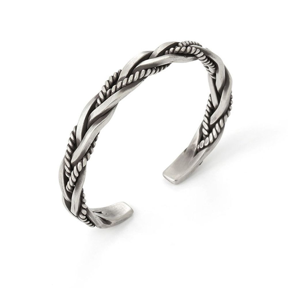 Geometric Vintage Woven Silver Color Men Simple Bangles Opening Bracelets Fashion Jewelry Twisted