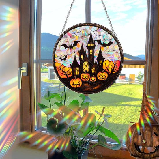 Halloween Suncatcher Hanging Decoration Ghost Pumpkin Witch Black Cat Castle