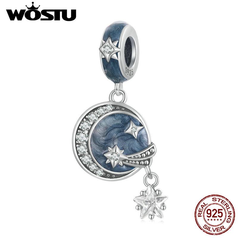 WOSTU Очаровательные лунные бусины со звездами и галактиками из стерлингового серебра 925 пробы в стиле темной ночи, подходят для изготовления женских браслетов и браслетов своими руками, ювелирных изделий